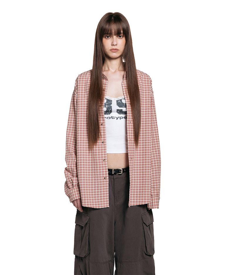 Over Fit Embroidery Check Shirt - Pink