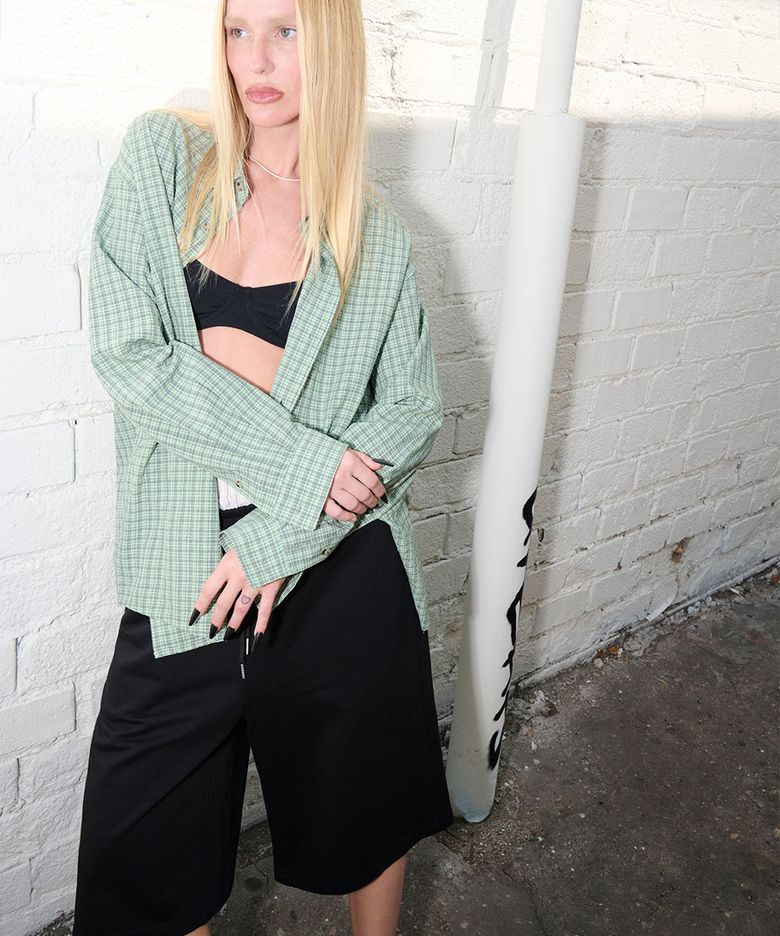 OverFit Embroidery Check Shirt - Green