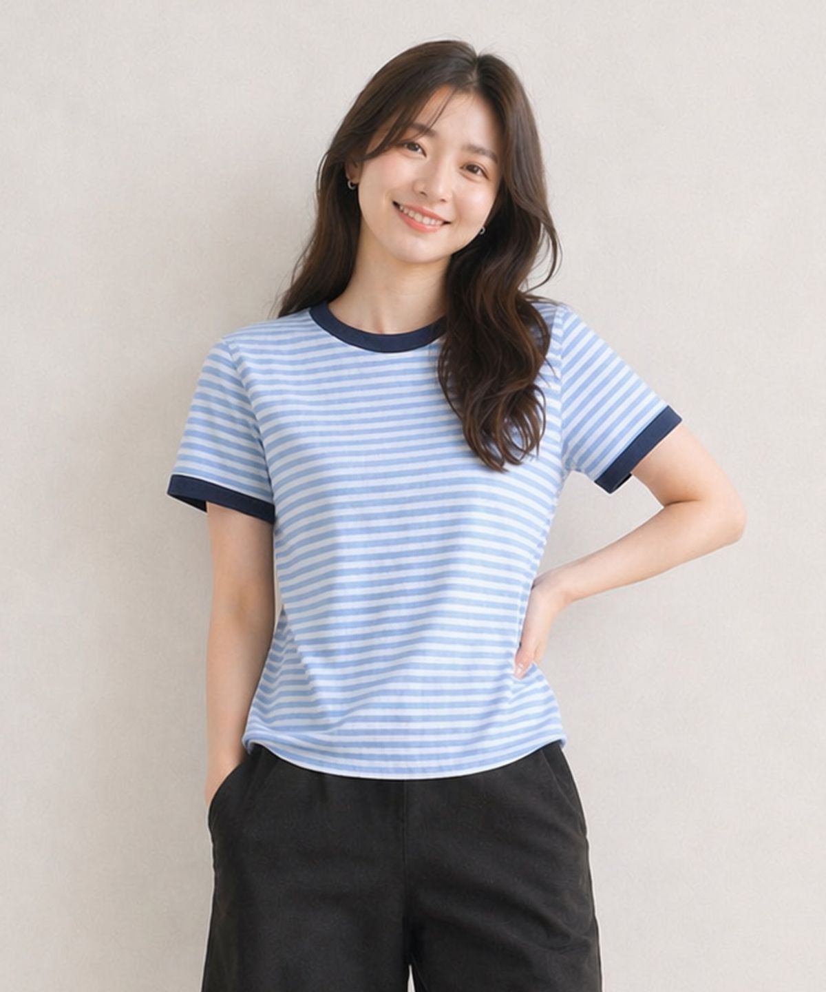 에이던엠(ADERNM) SLUB STRIPE RINGER CROP T LIGHT BLUE