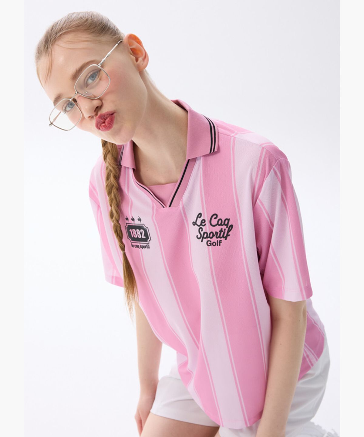 르꼬끄 골프(LECOQ GOLF) 공용 블록코어 스트라이프 사커 티셔츠 _PINK GR222LTS46