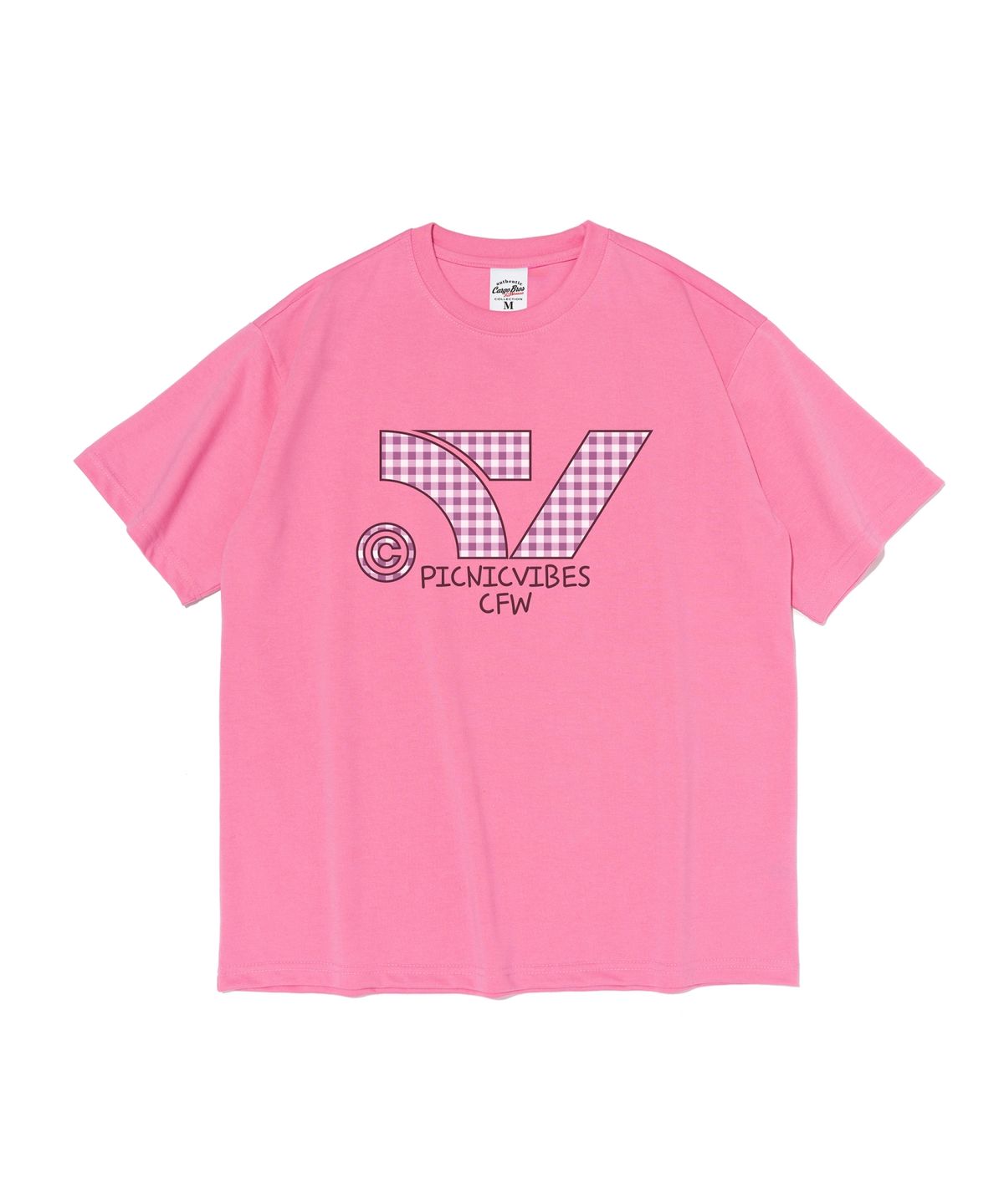 카고브로스 포 우먼(CARGOBROS FOR WOMAN) 피크닉 바이브 체크 로고 반팔 티셔츠 (핑크)
