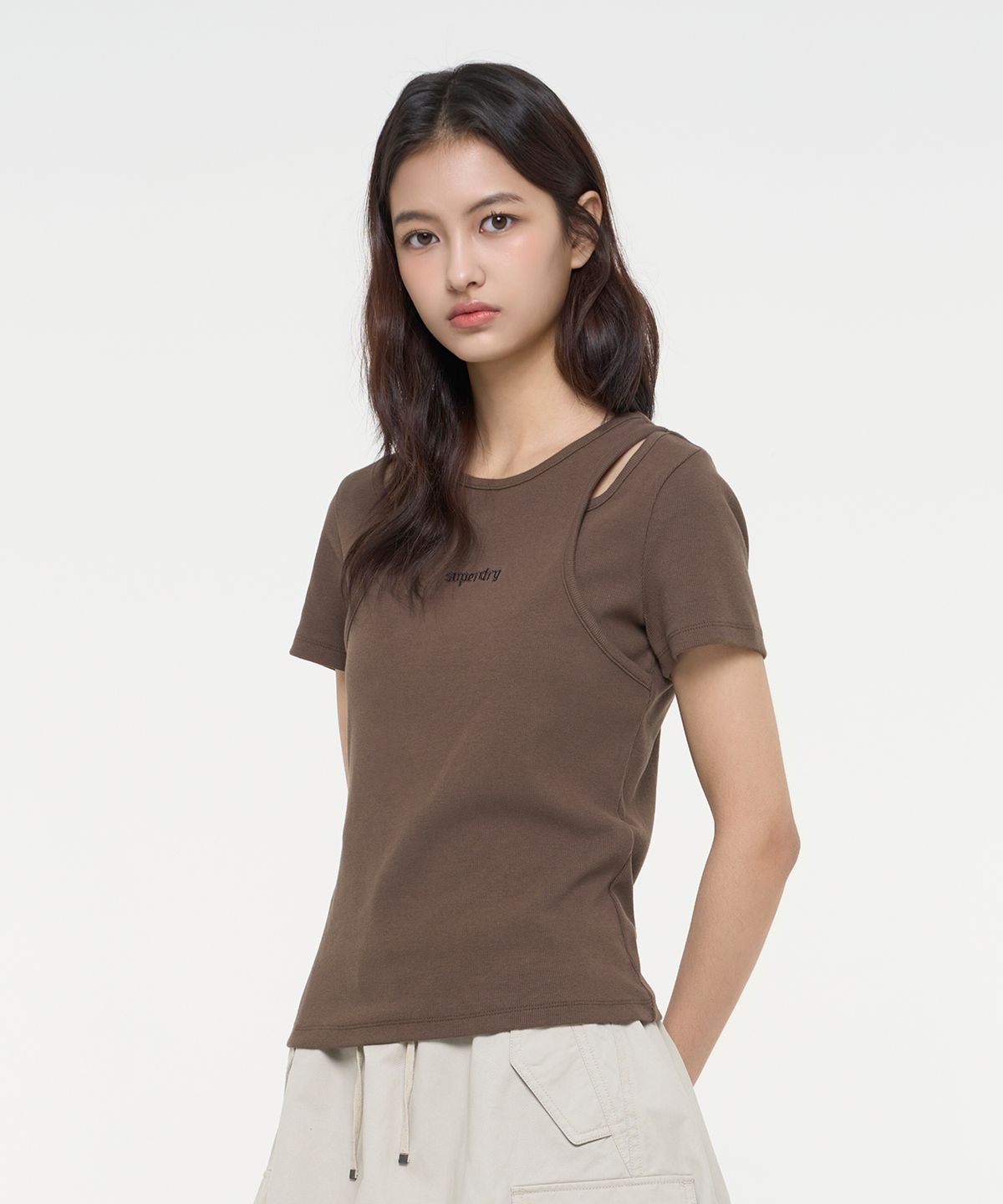 슈퍼드라이(SUPERDRY) 우먼스 레이어드 슬림 티셔츠 브라운 SDFISCQ47BRW