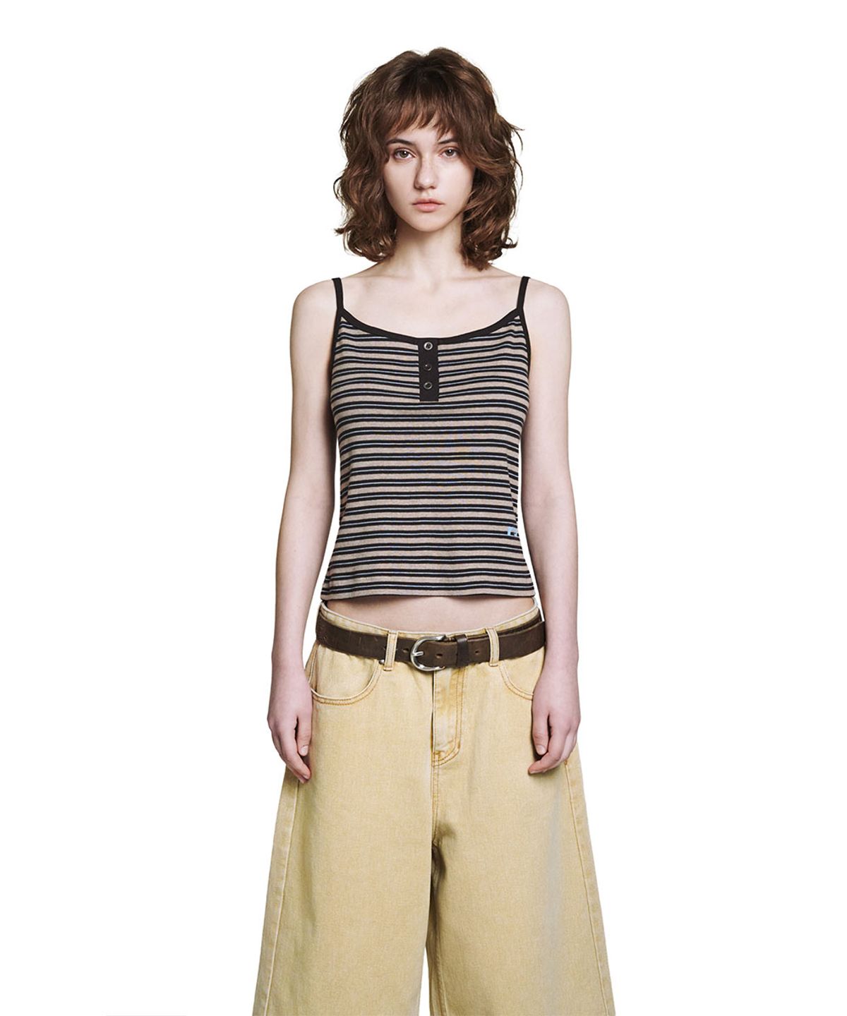 로타입(ROUGHTYPE) Stripe Henley Neck Sleeveless - Beige