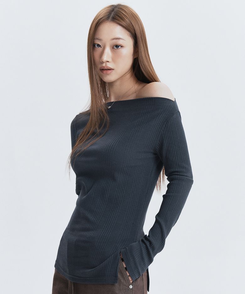 립 오프숄더 티셔츠 / 차콜
