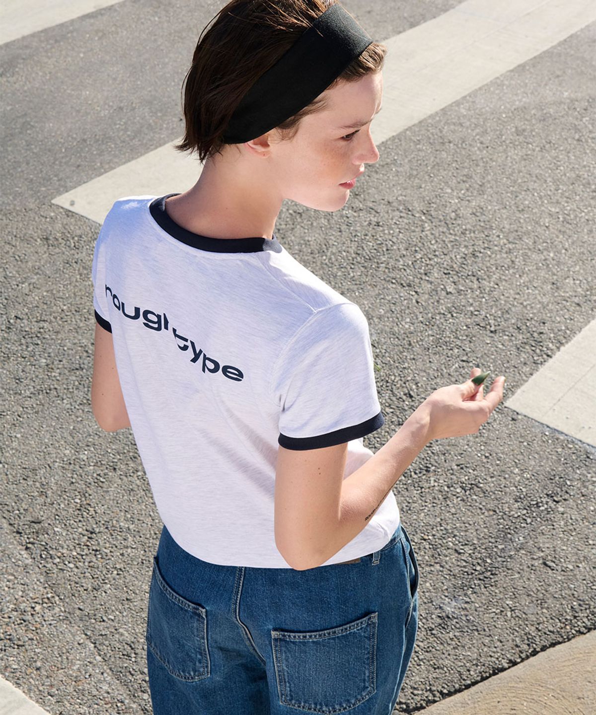 로타입(ROUGHTYPE) RO Cropped Ringer T-Shirt - White melange