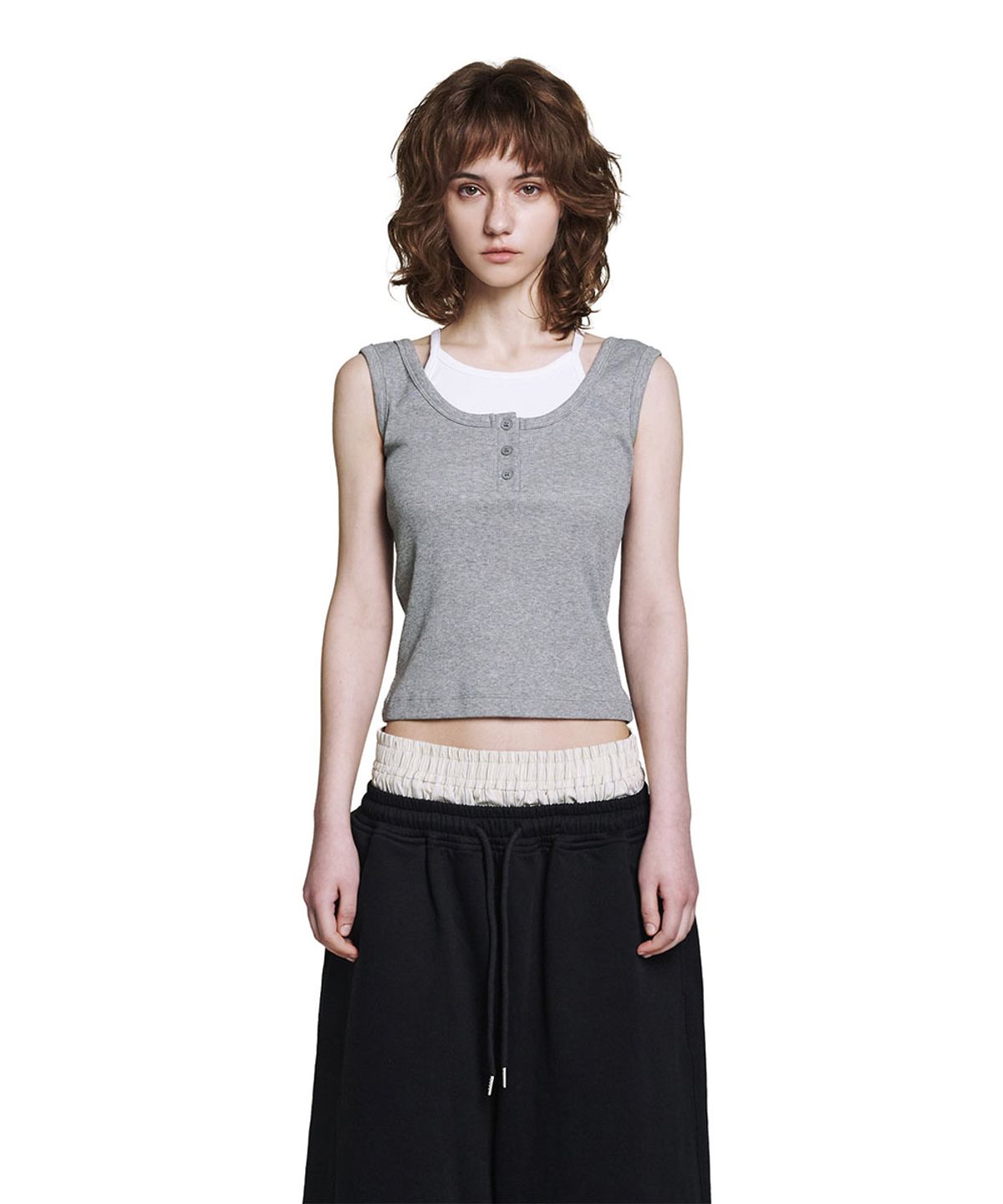 로타입(ROUGHTYPE) Henley Neck Layered Sleeveless  - Gray