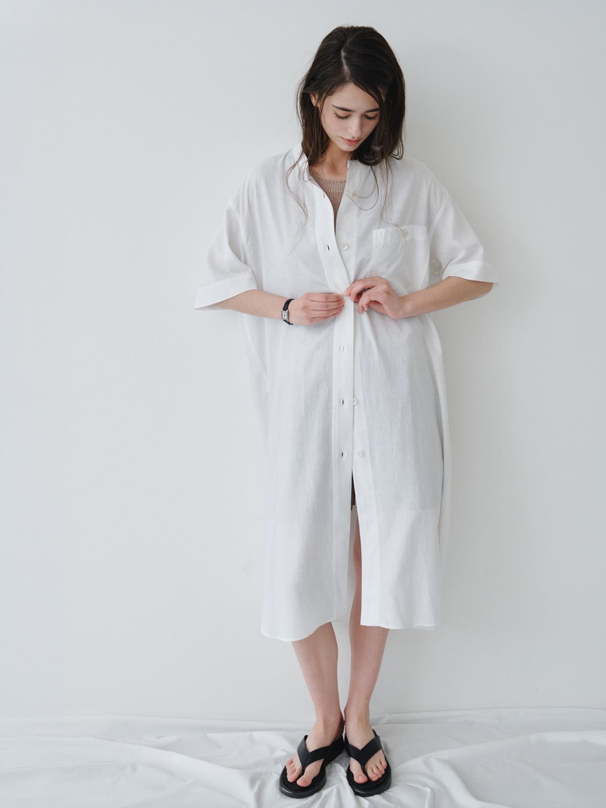 리플레인(REPLAIN) LINEN LONG SHIRT DRESS_OFF WHITE