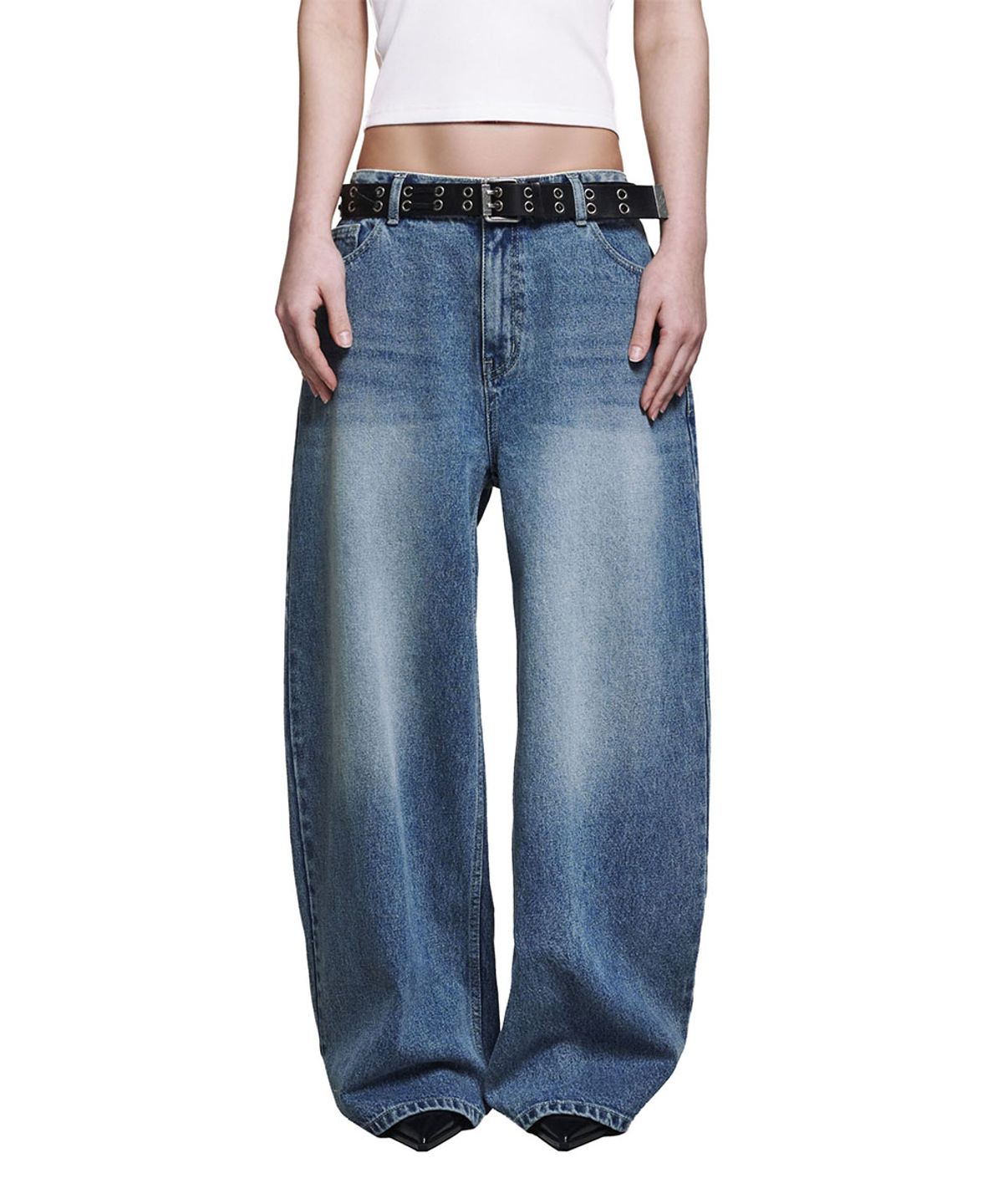 로타입(ROUGHTYPE) Stud Line Wide Denim Pants - Mid blue