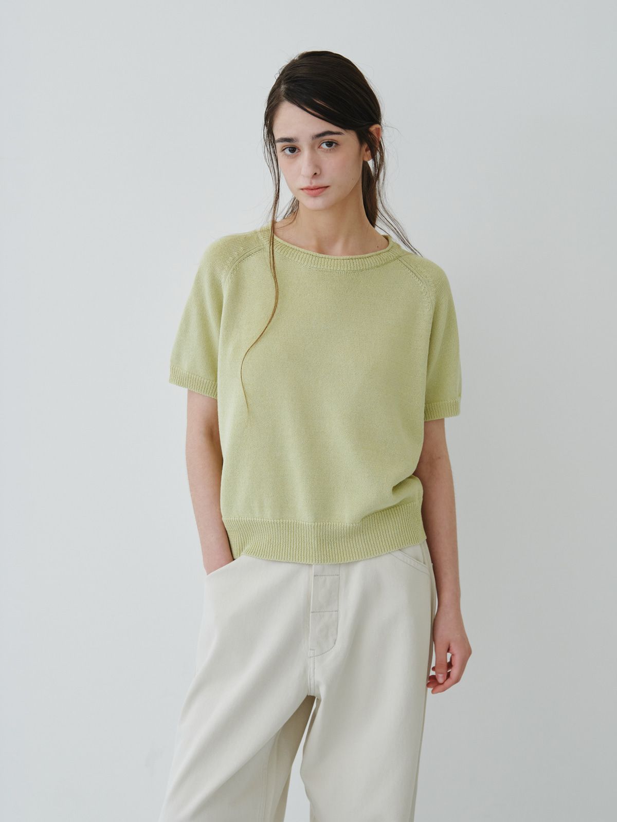 리플레인(REPLAIN) COTTON HALF ROUND KNIT TOP_GREEN