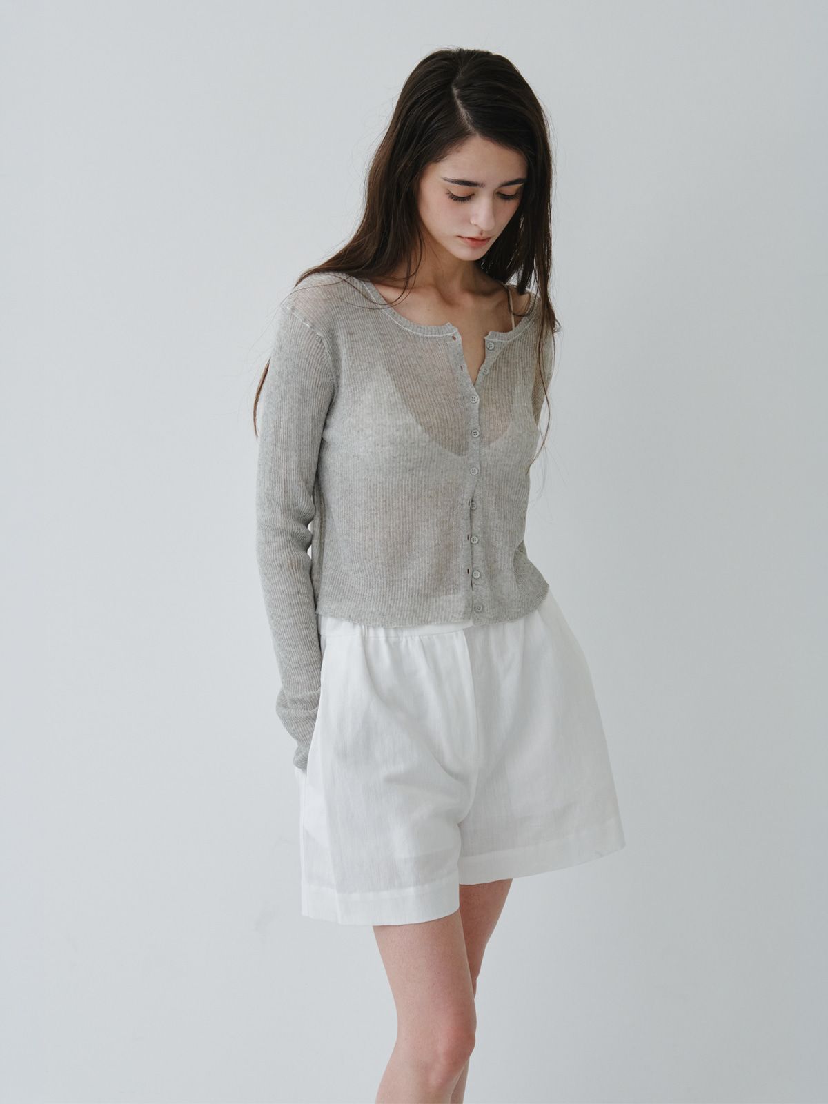 리플레인(REPLAIN) LINEN SHEER RIB CARDIGAN_LIGHT GREY