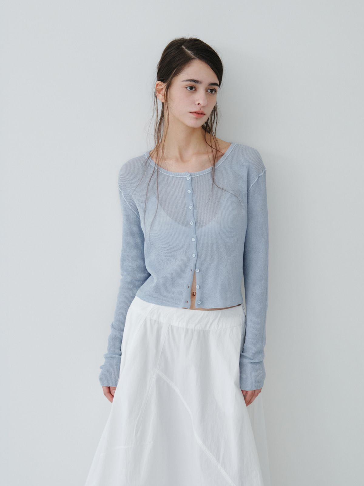 리플레인(REPLAIN) LINEN SHEER RIB CARDIGAN_LIGHT BLUE
