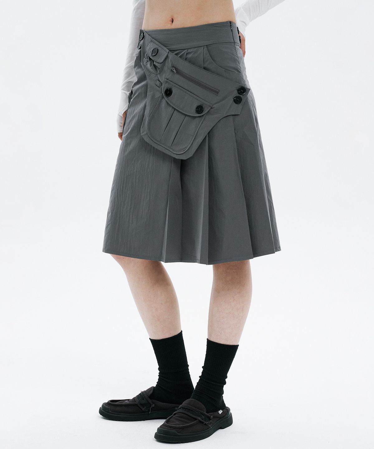 하나히(HANAHI) Pocket belt half pleated skirt GREY