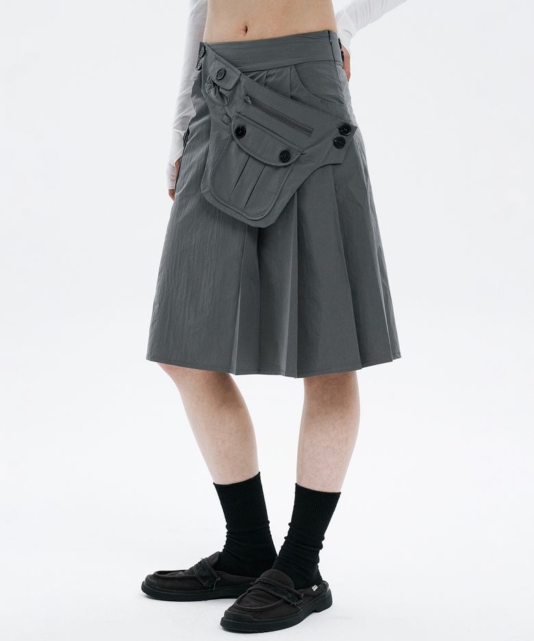 Pocket belt half pleated skirt GREY