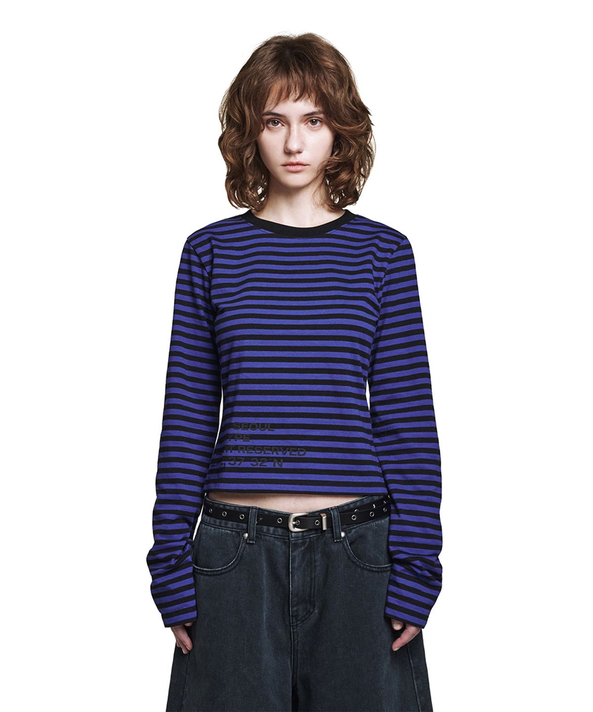로타입(ROUGHTYPE) Waist Lettering Striped Long Sleeve - Purple