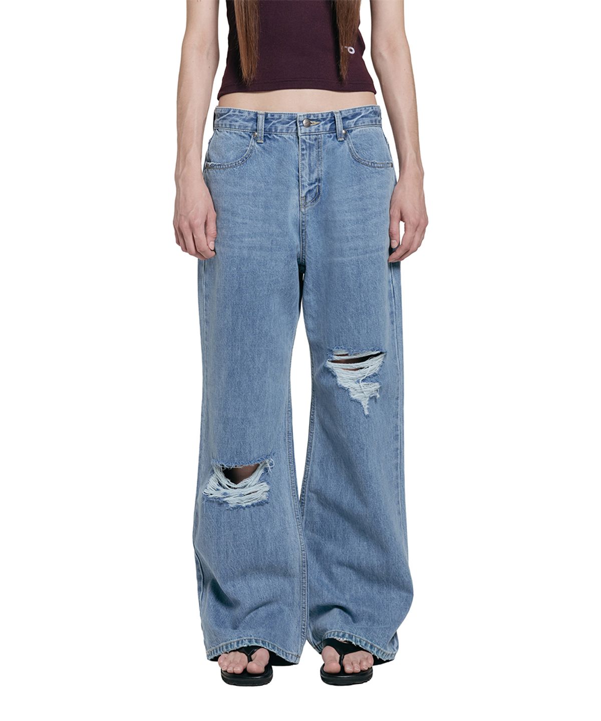로타입(ROUGHTYPE) Damage Semi-bootcut Denim Pants - Mid blue