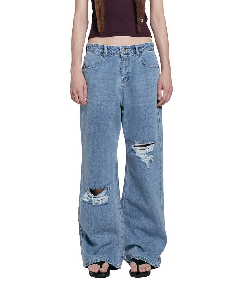 Damage Semi-bootcut Denim Pants - Mid blue