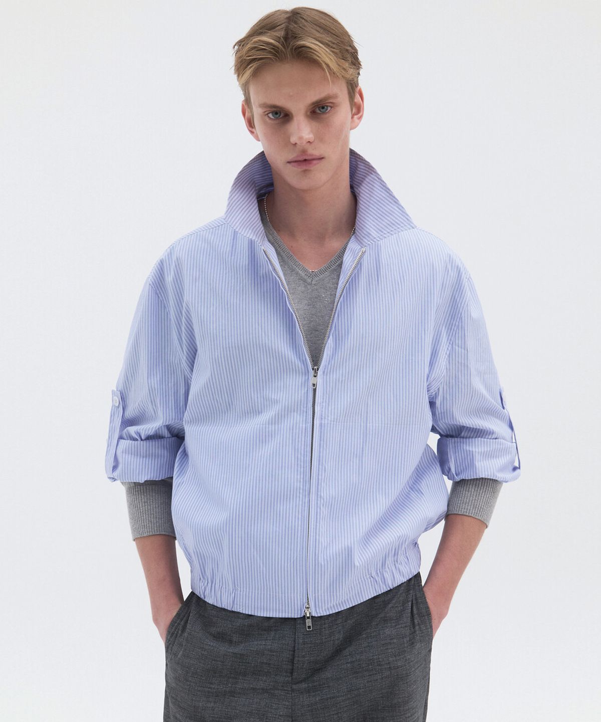 윈더(WINDER) STRIPE SHIRT BLOUSON - LIGHT BLUE