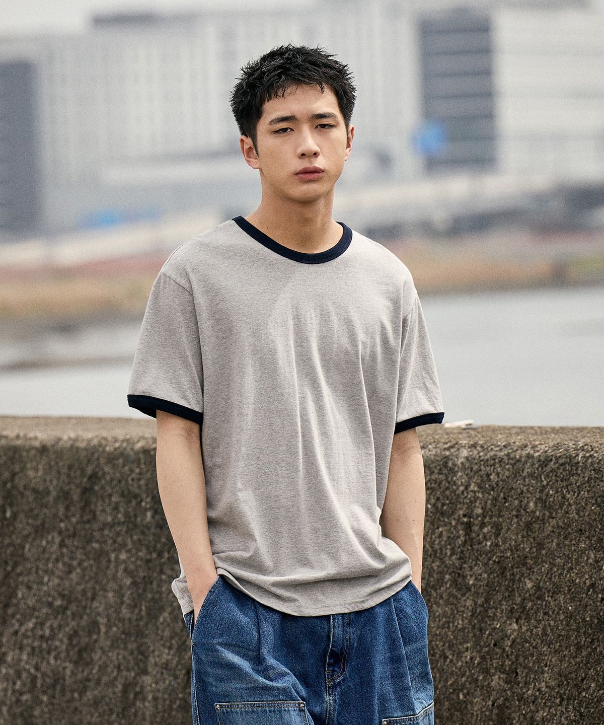 미니멀프로젝트(MINIMALPROJECT) 언더 로그 링거 반팔 티셔츠 MST189 [GRAY/NAVY]