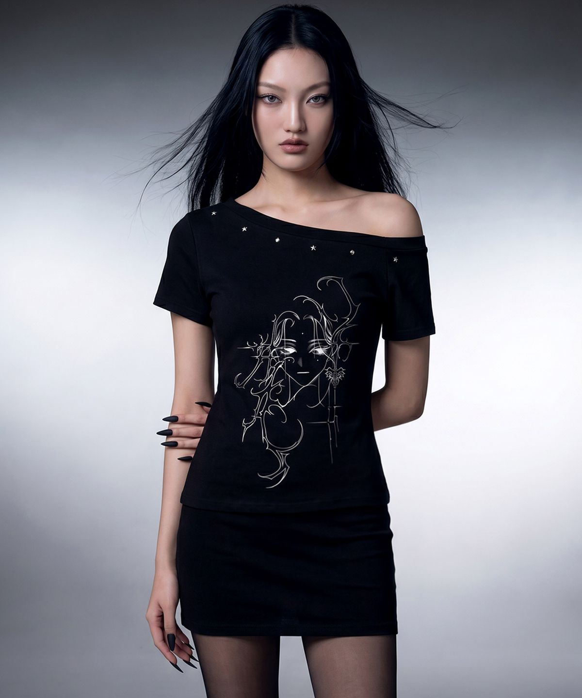랜덤오프(RANDOMOFF) [ROF X GYEOL] TRACE FACE OFF-SHOULDER TOP