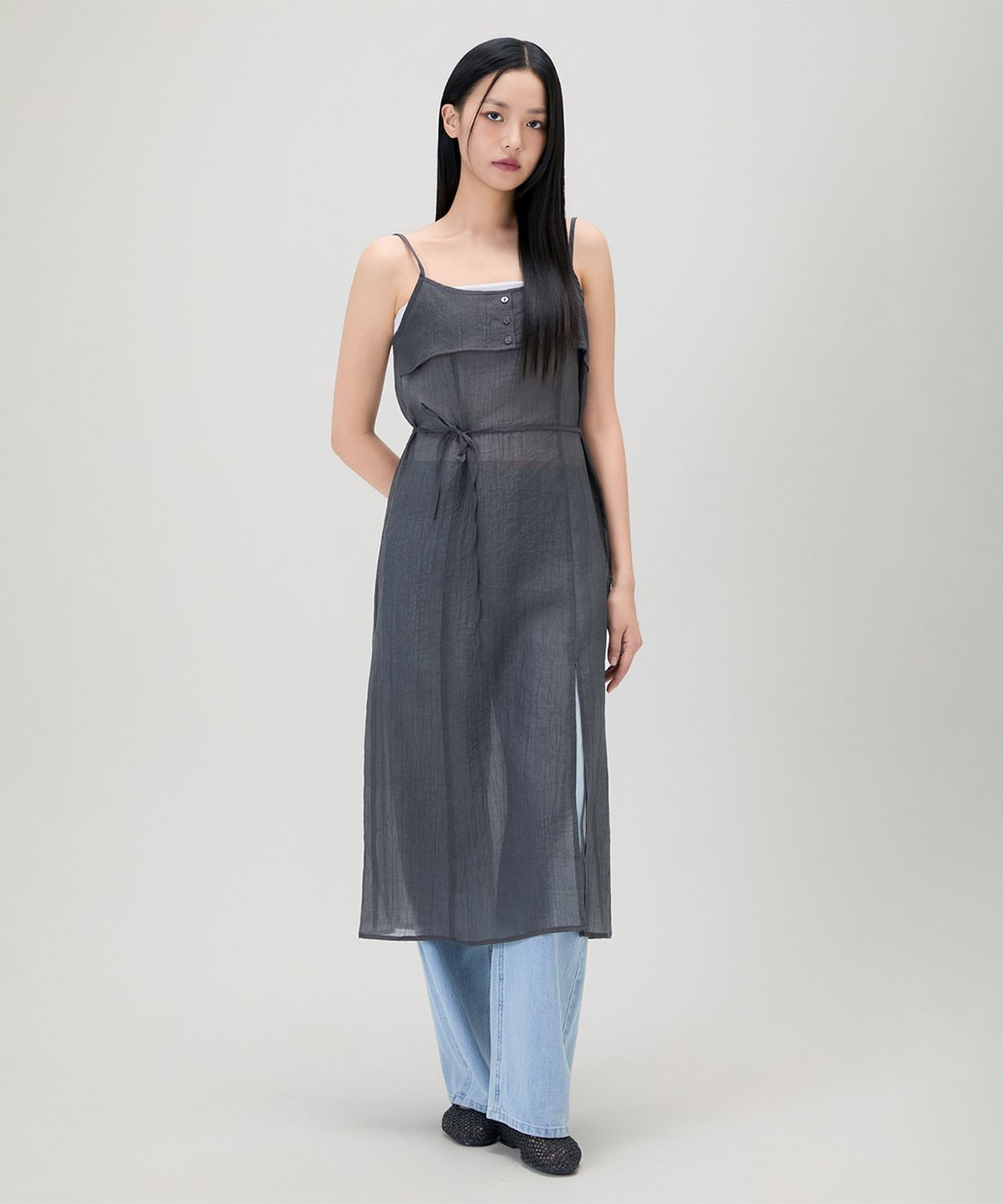 미쏘(MIXXO) 버튼업 시스루 롱 원피스_MIWOWG601B