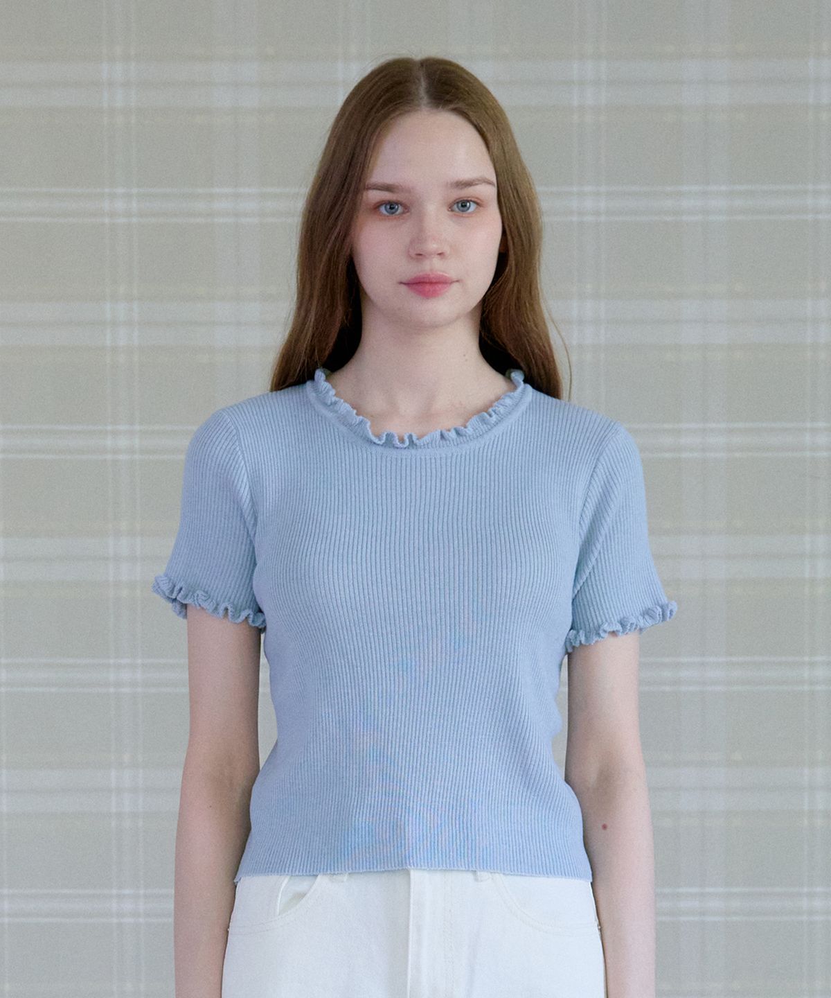 핑크파인애플(PINK PINEAPPLE) TENDER FRILL HALF KNIT_SKY BLUE