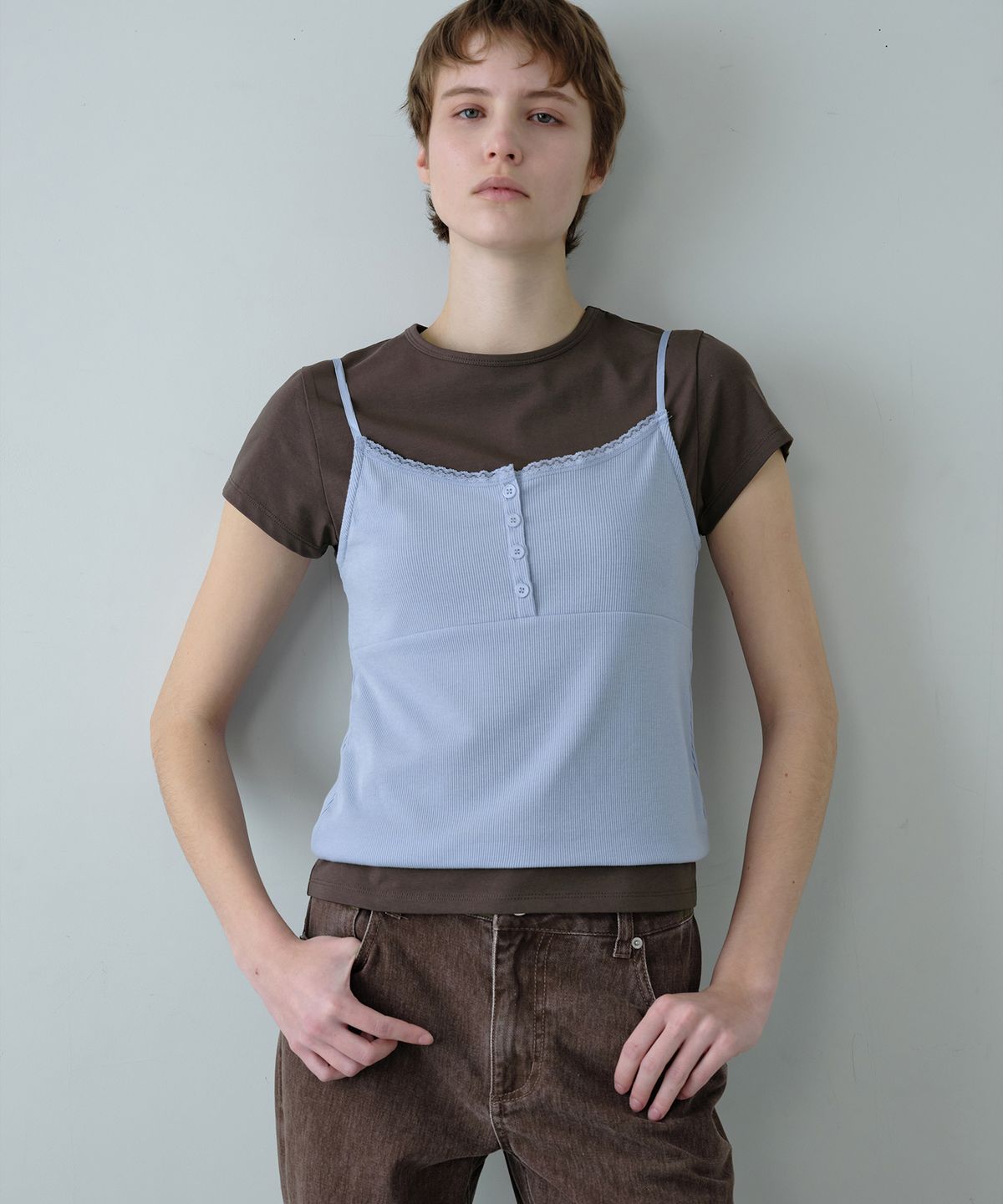시메트릭 퍼센트(SYMMETRICPERCENT) Lace Layered Two-Way Top / Brown