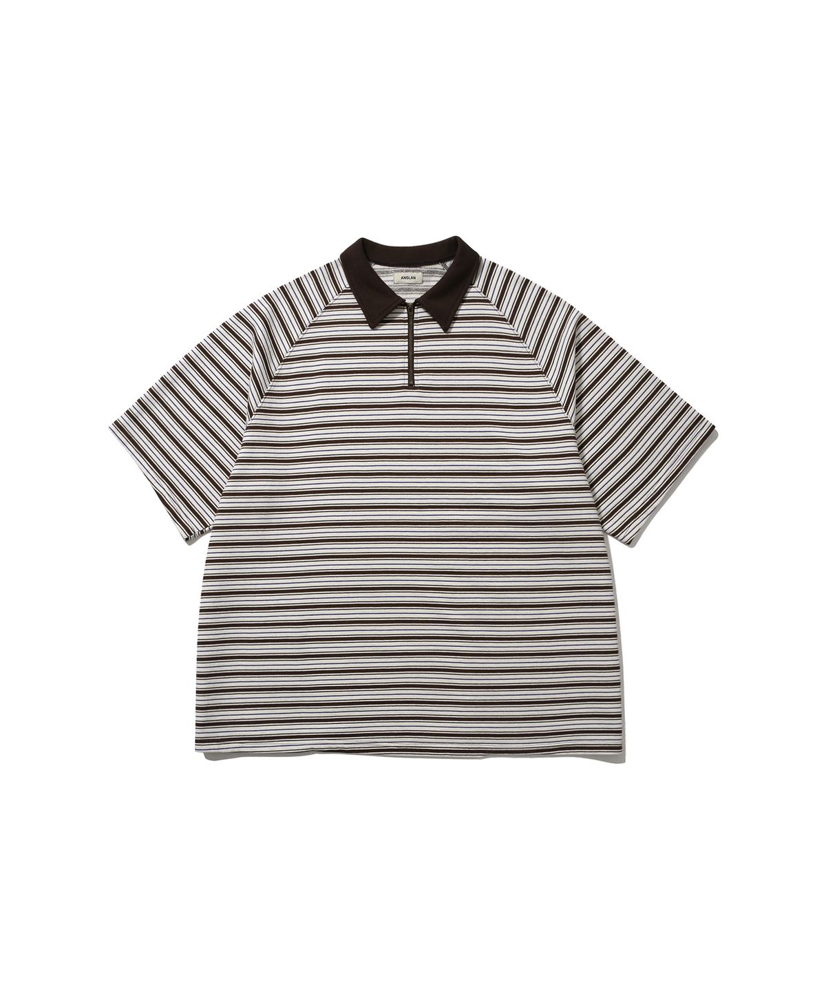 앵글런(ANGLAN) Striped Raglan Half-Zip Polo - Brown