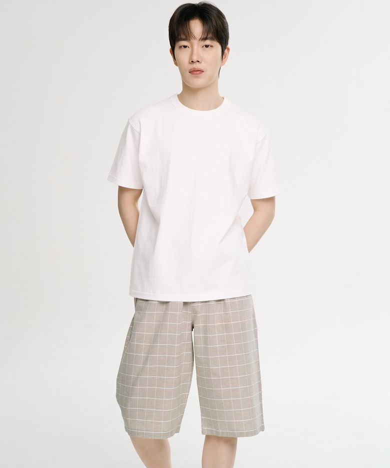 베이지 M.체크 7부 순면 남성 잠옷 파자마 바지