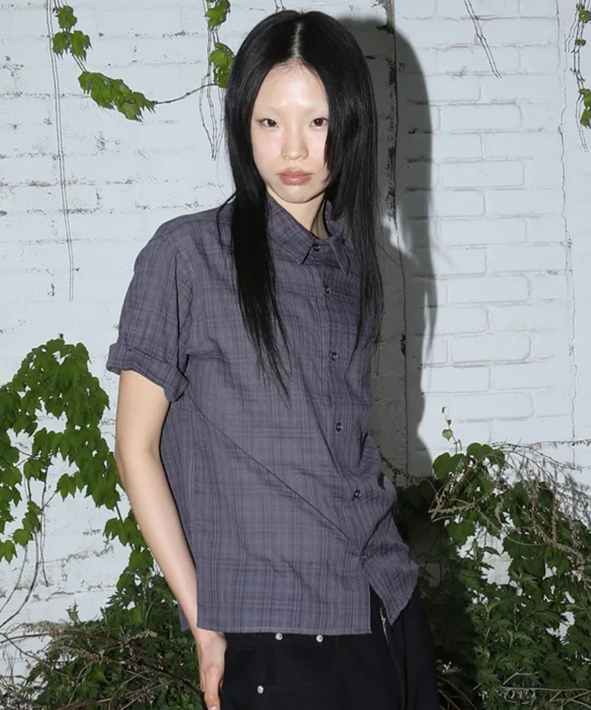 오픈야드(오와이)(OPENYARD(OY)) CHECK ROLL-UP CROP S/S SHIRTS - PORPOISE GREY