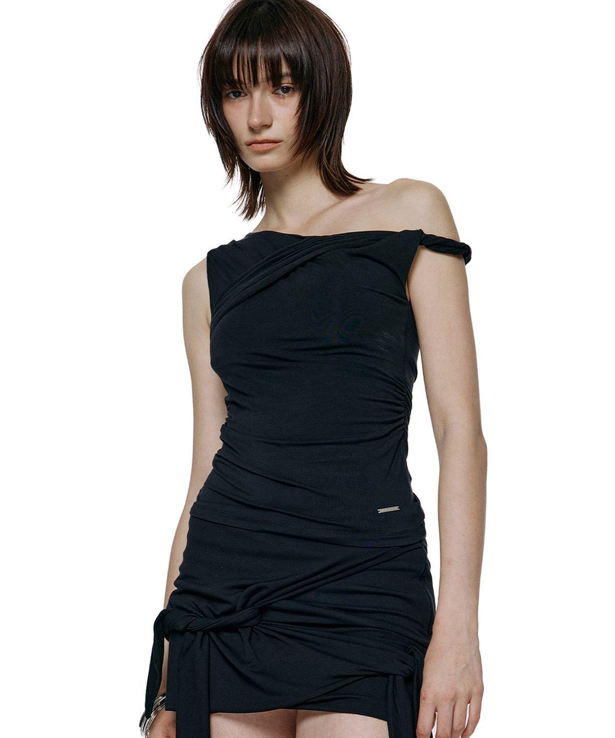 락케이크(ROCKCAKE) One Shoulder Drape Top - Black