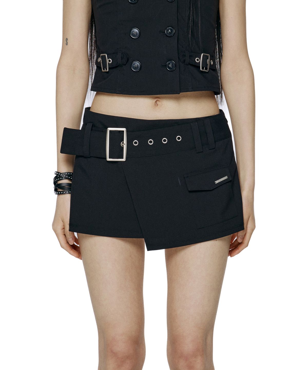 락케이크(ROCKCAKE) Wide Belt Wrap Skirt - Black