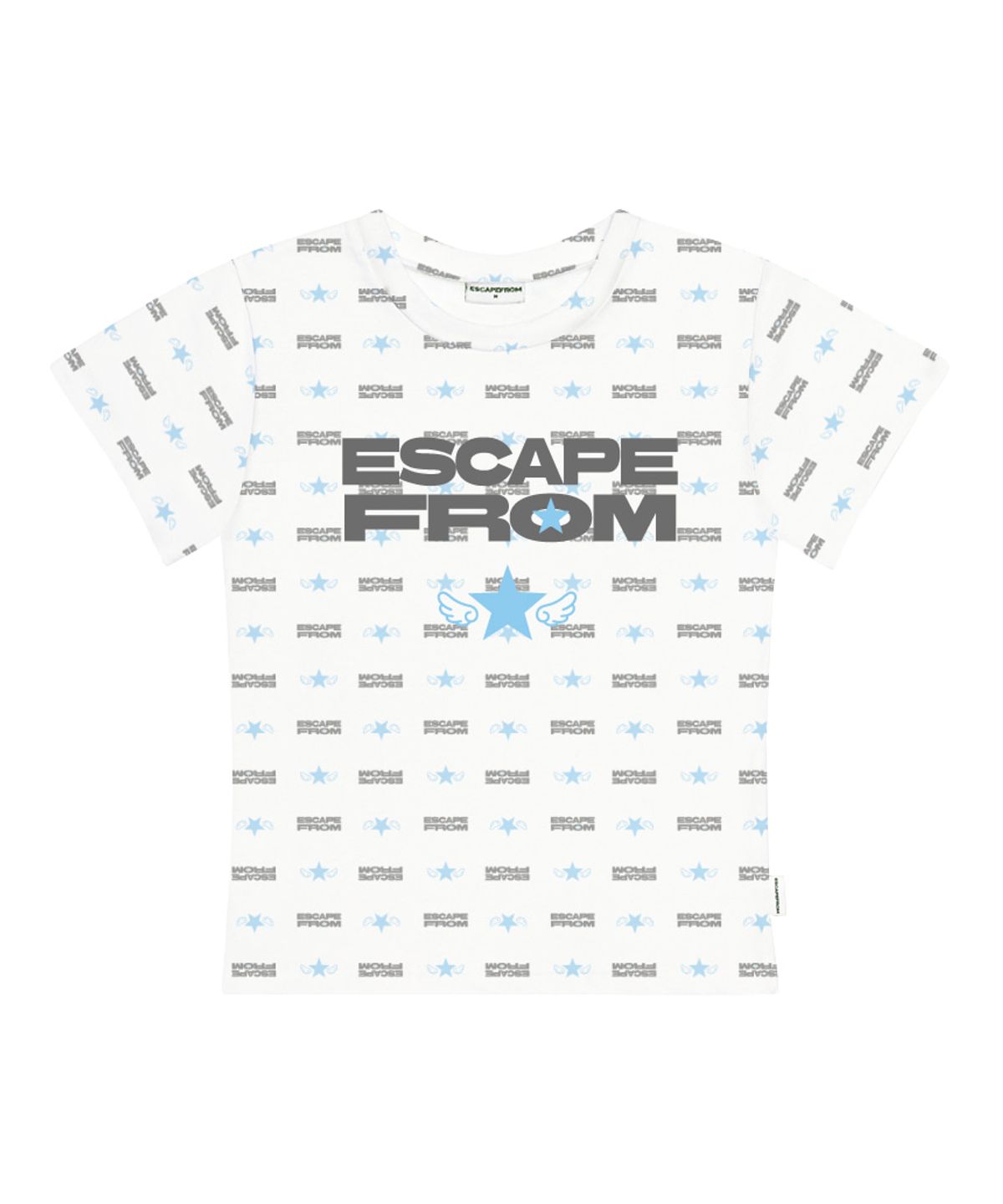 이스케이프프롬(ESCAPEFROM) 엔젤 스타 타이포 로고플레이 풀프린트 슬림핏 반팔티 라이트블루