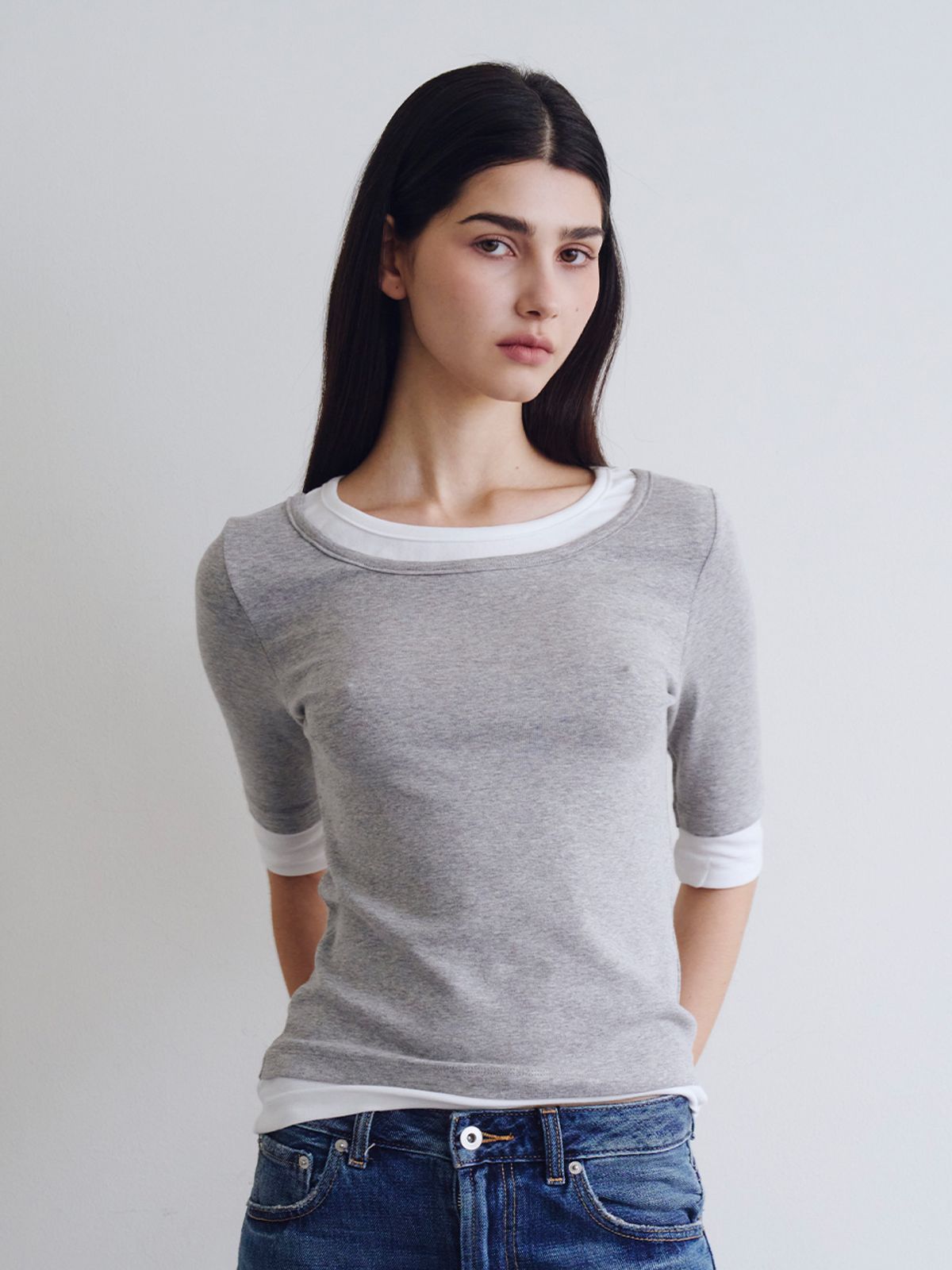 웨이브유니온(WAVE UNION) Layered half sleeve top Heather dark gray