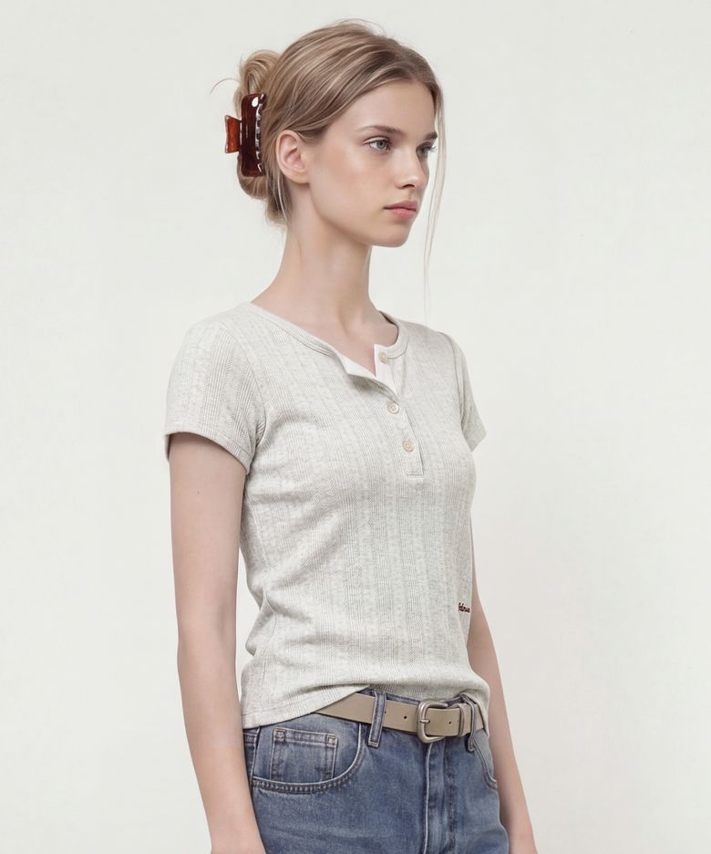 SOFT CAP SLEEVE HENRY NECK T-SHIRT (MELANGE WHITE)