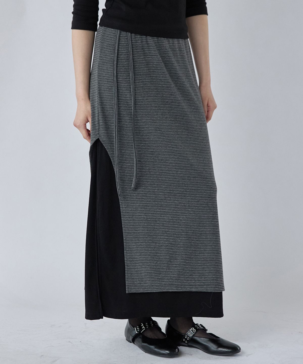 렌세(RENSE) Striped Layered Long Skirt Black