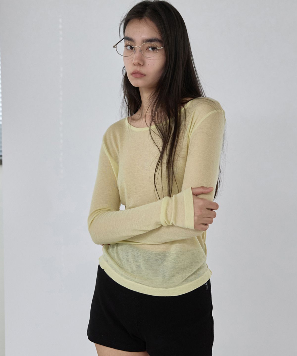 렌세(RENSE) Sheer Layered Long Sleeve Tee Yellow