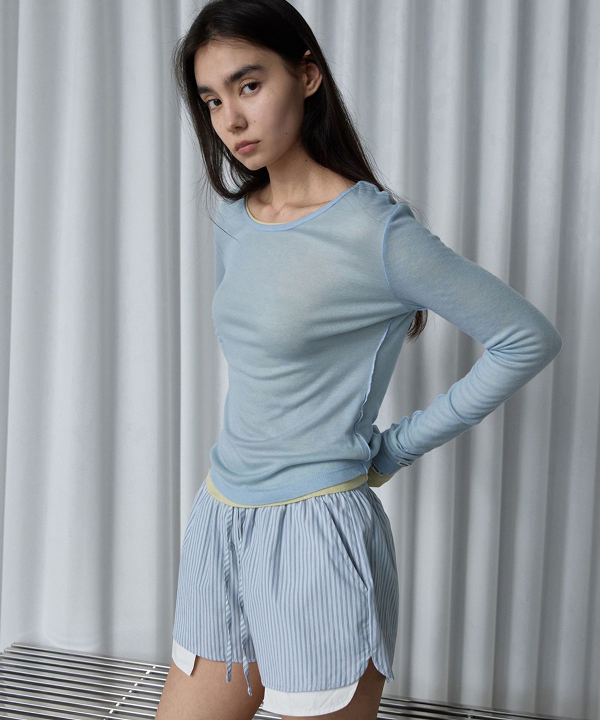 렌세(RENSE) Sheer Layered Long Sleeve Tee Blue