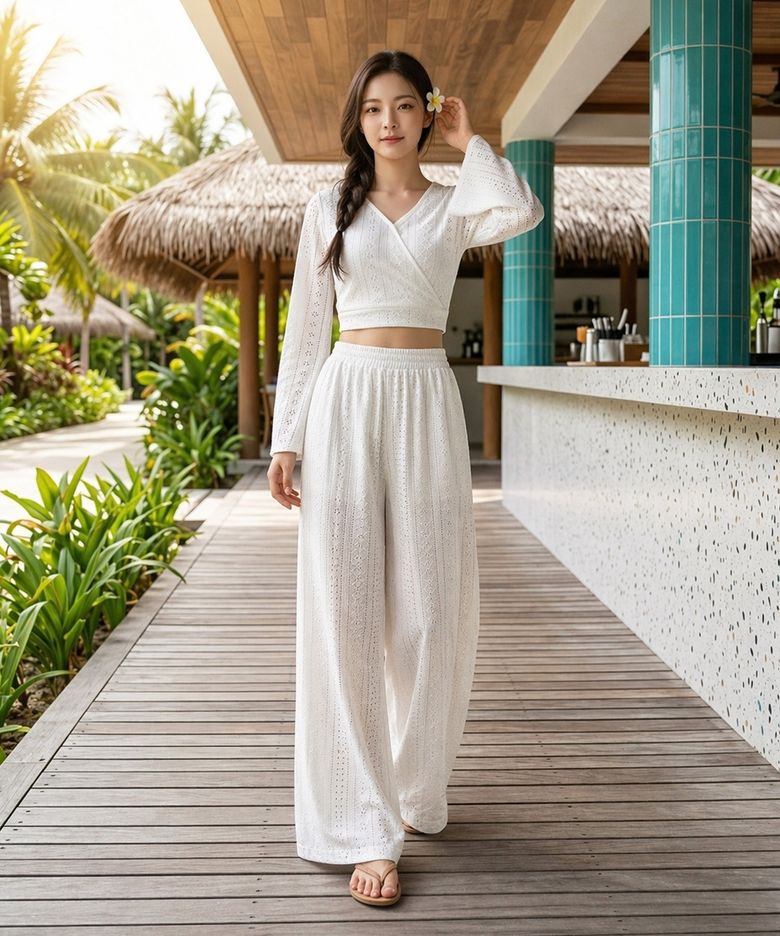 펀칭 랩 롱슬리브 와이드팬츠 비치 셋업 HJ201