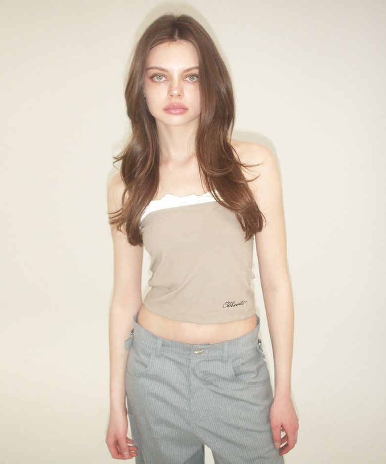 TWIST FRILL TOP BEIGE