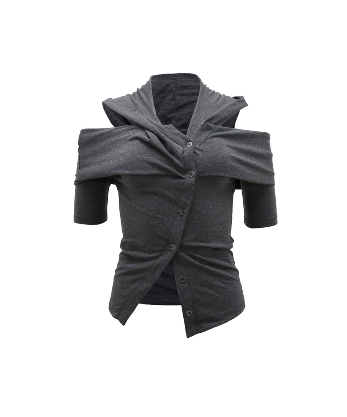 오드원아웃(ODDONEOUT) BUTTON OFF-SHOULDER HOODIE CHACOAL