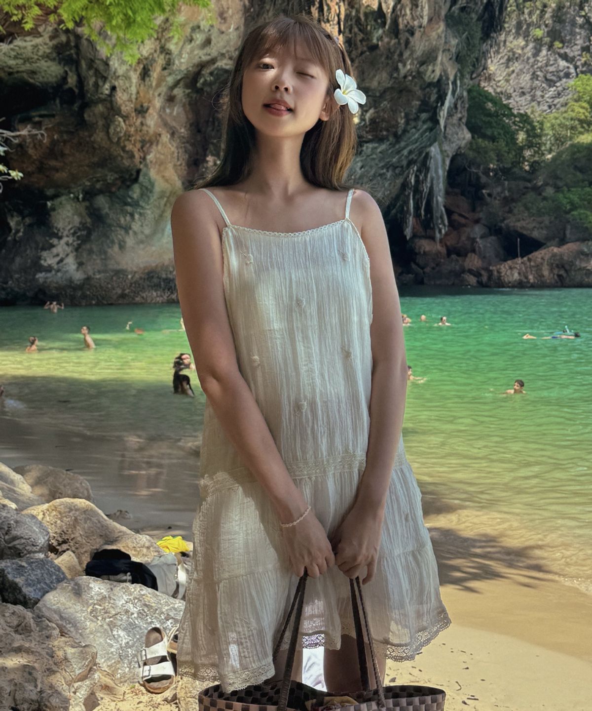아우어노스텔지아(OURNOSTALGIA) Boucle Flower Tiered Dress_Ivory(OB6OP06)