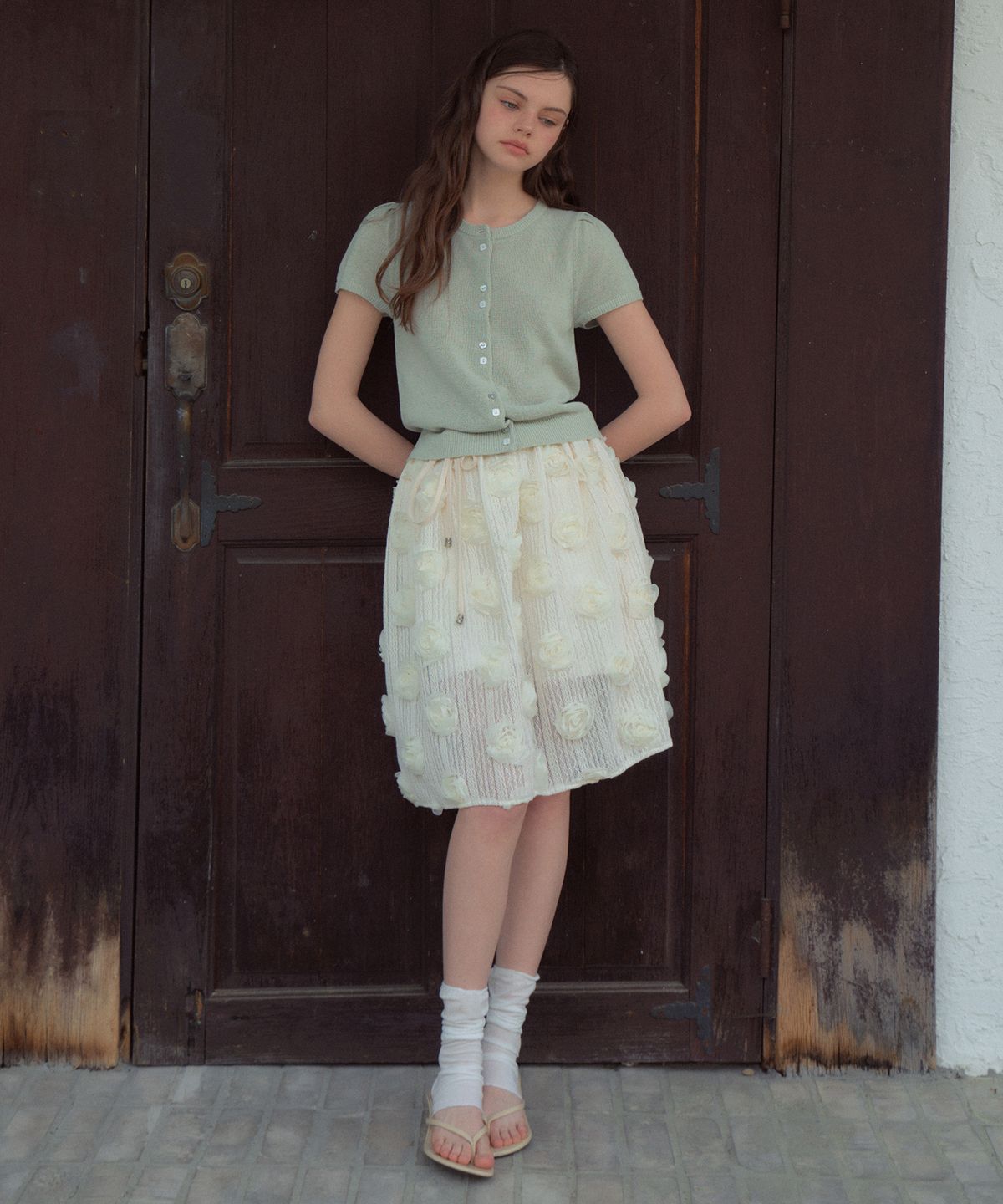 아우어노스텔지아(OURNOSTALGIA) Rosy Layered Wrap Skirt_Ivory(OB6SK10)