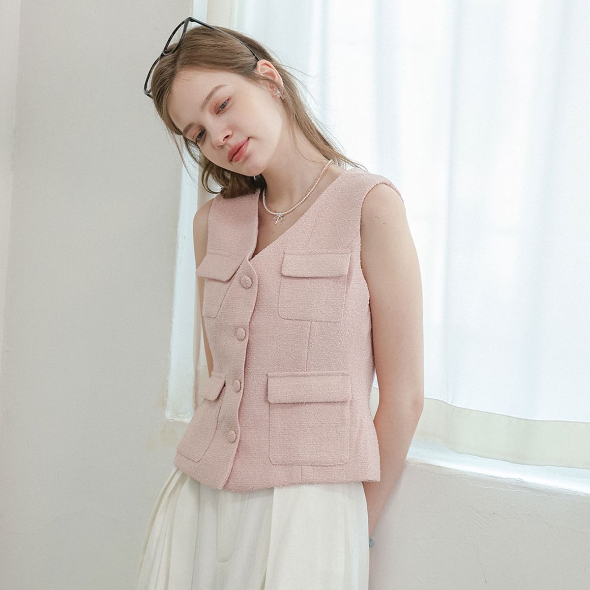 던드롭(DUNDROP) DD_Button tweed sleeveless vest_PINK