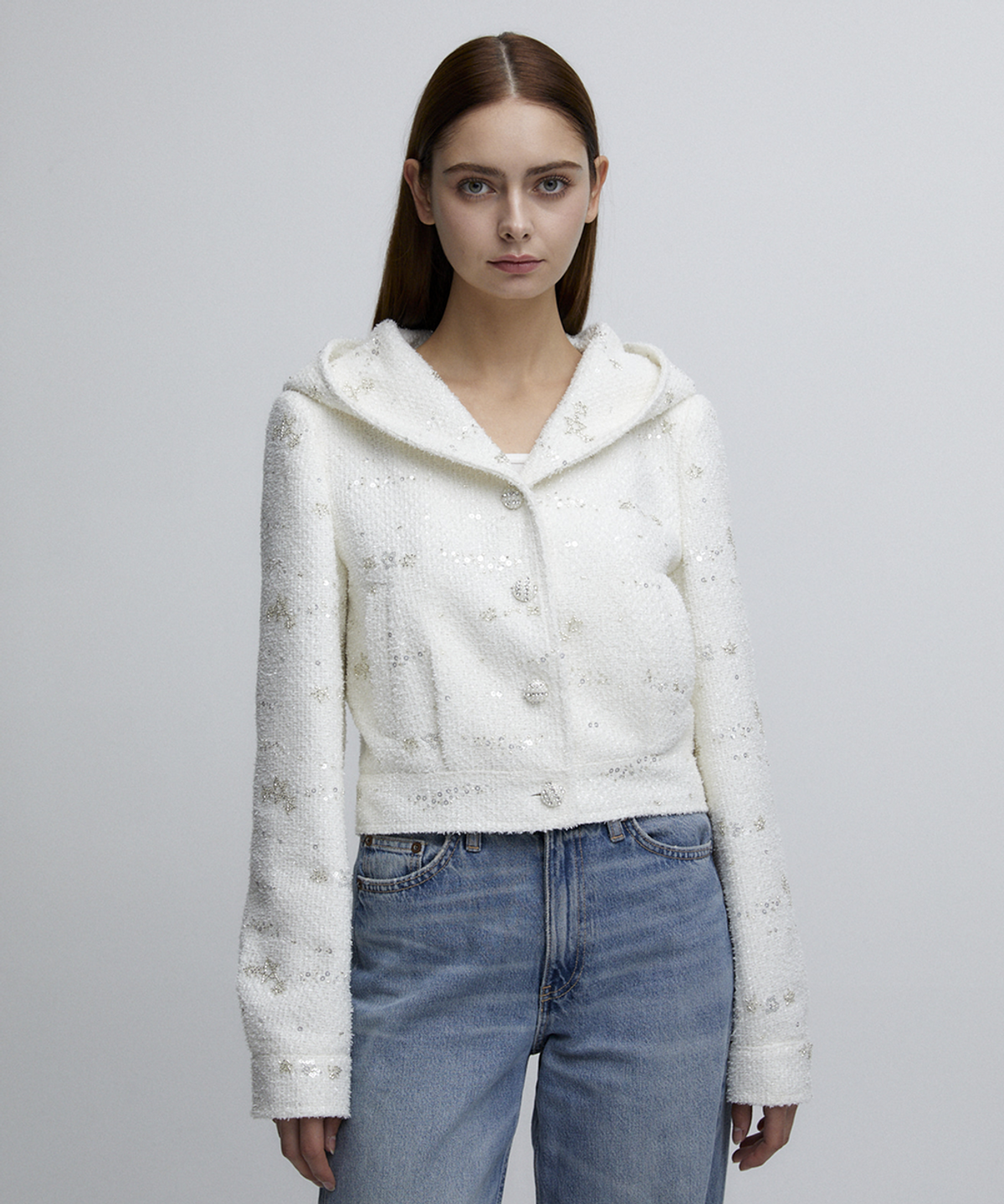 알리에나(ALIENAR) beaded tweed hood jacket