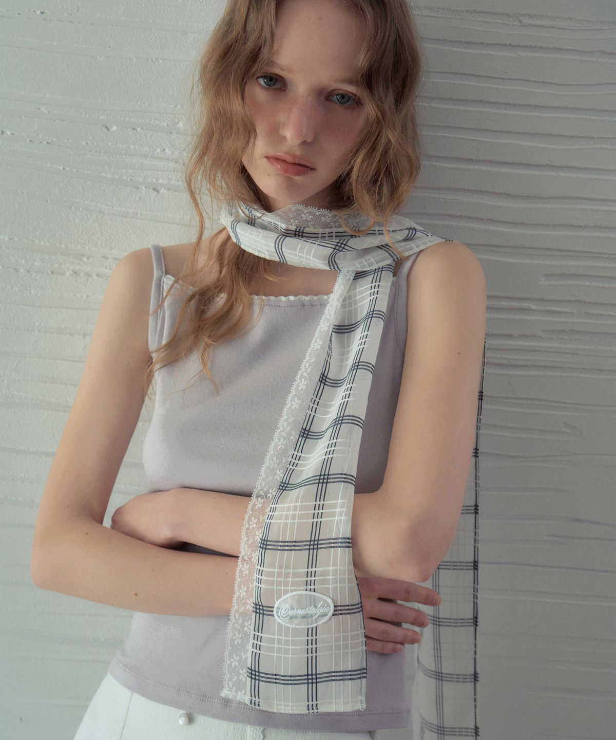 아우어노스텔지아(OURNOSTALGIA) Sheer Lace Check Scarf_Ivory(OB6AC08)