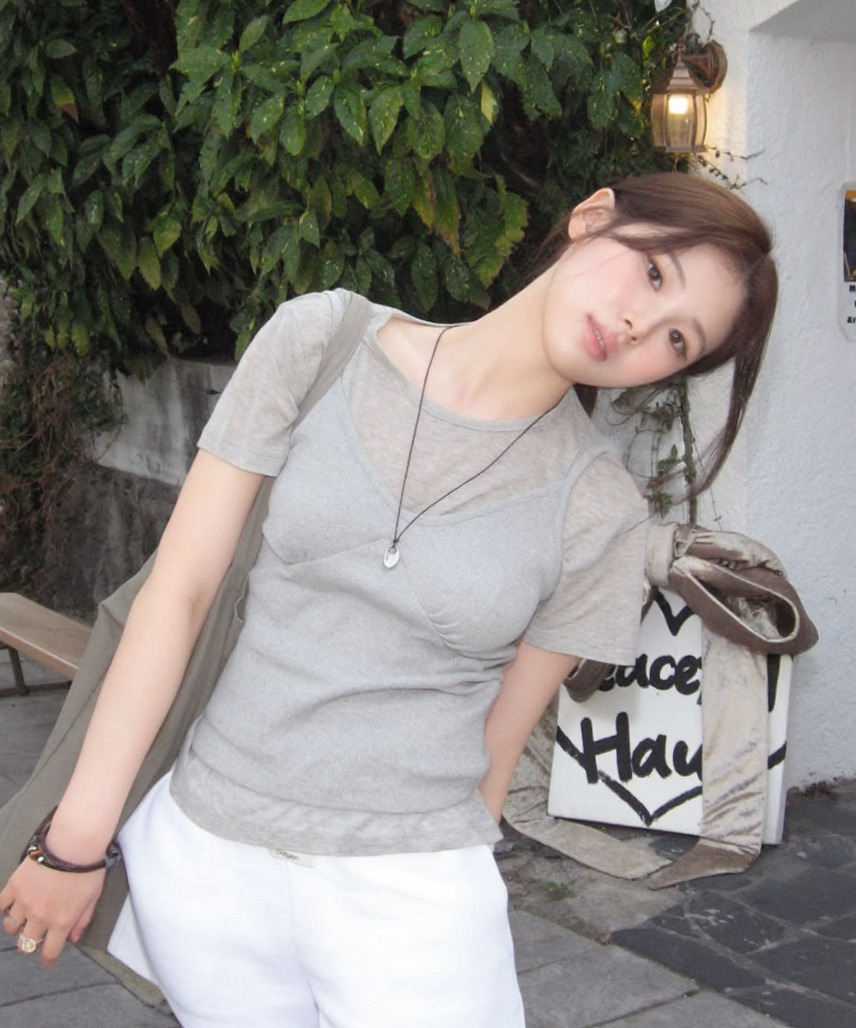 그라스플랜(GRASPLAN) V-Neck Strap Sleeveless_Melange Gray
