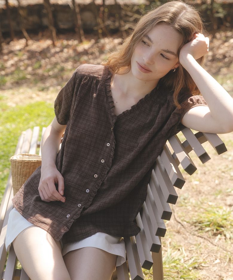 Check frill V-neck blouse [TISU07BL06]_Brown