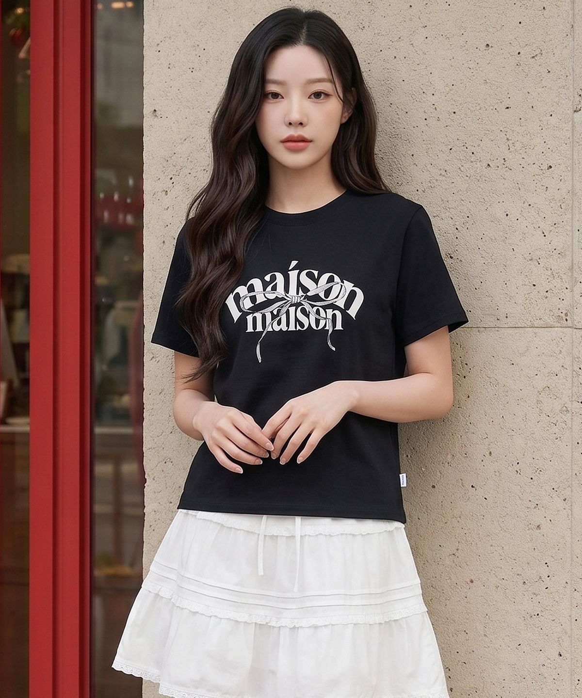 엔티비씨(NTBC) (W) Masion ribbon lettering half T-shirs (BLACK)