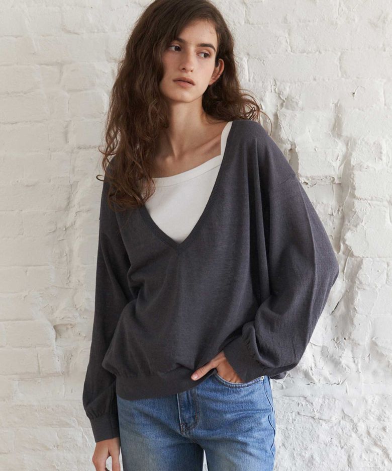 Deep V-Neck Sheer Knit(Charcoal)