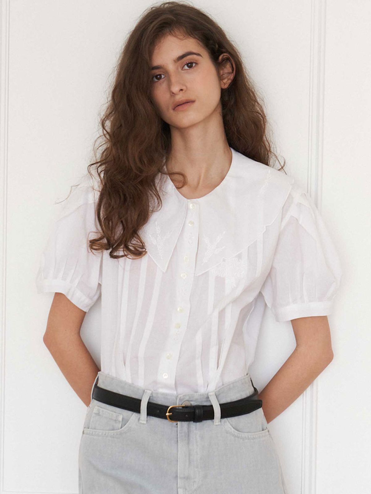 더라이(THERYE) Collar Pin-Tuck Blouse(White)